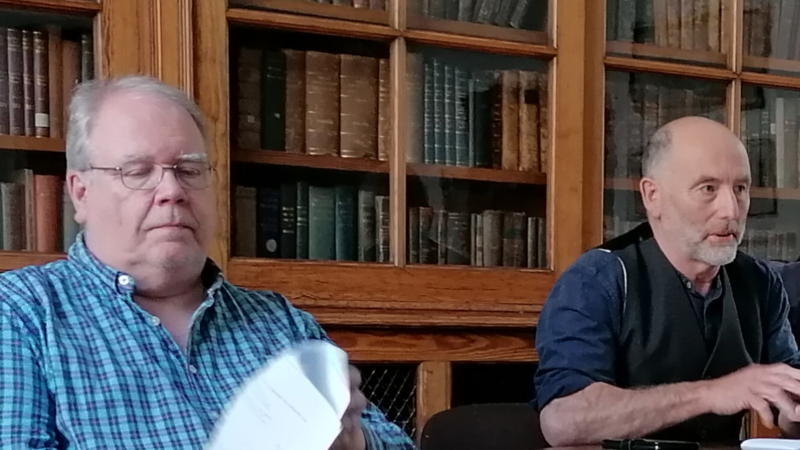 Mel McEvoy and John Blenkinsopp performing the poem at Darlington Arts Festival.