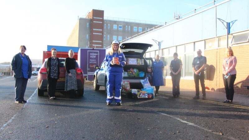 Members of staff from the Trust and Hartlepool Power Station standing outside the University Hospital of Hartlepool.
