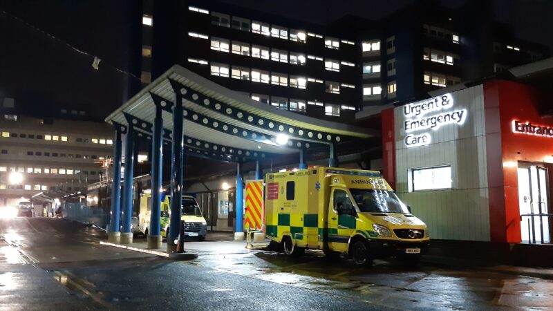 An ambulance outside urgent and emergency care.