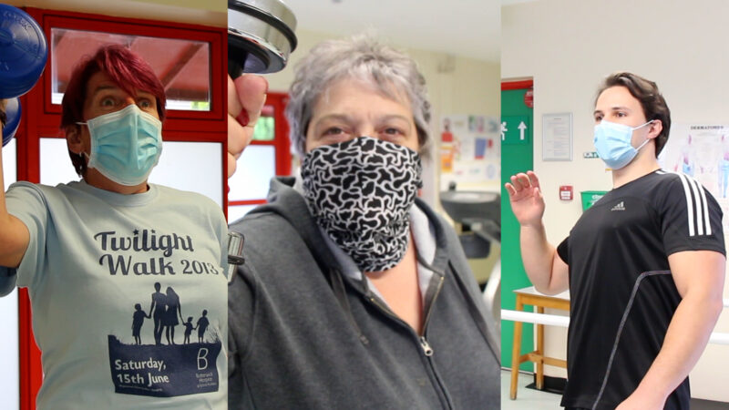 Video stills. A gym customer goes to hit a physiotherapist with a weight.